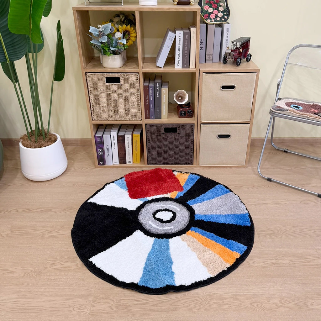 Vibrant CD Record Shaped Tufted Rug – 3D Retro Round Carpet for Living Room