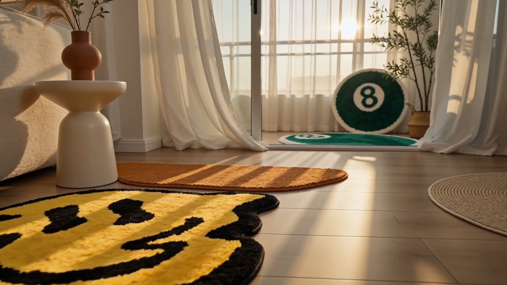 RetroRugVault aesthetic rugs styled in a golden hour living room